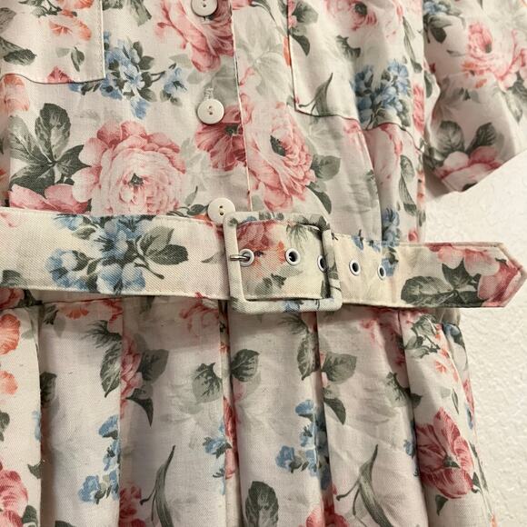 Vintage 80s Periwinkle Belted Shirtdress 6 White Floral Coquette Cottage Pinup - Picture 12 of 16